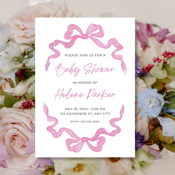 Printed Baby Shower Hand Painted Bow Invitation, Made to Order Baby Shower Invitation, Pink Baby Shower Invitation,