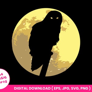 May include: Silhouette of an owl perched on a branch in front of a yellow moon. The owl has large, round eyes and a sharp beak. The moon is a crescent shape with a textured surface.