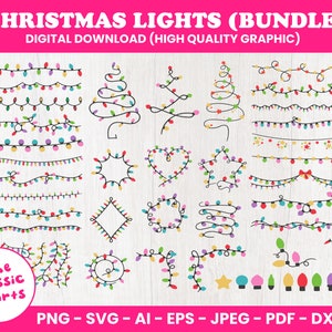 Op de afbeelding: Een set van 30 digitale illustraties van kerstverlichting in verschillende stijlen, waaronder guirlandes, kransen en individuele lampjes. De lampjes zijn in verschillende kleuren, waaronder rood, groen, blauw, geel en paars. De illustraties zijn perfect om feestelijke ontwerpen te maken voor kaarten, uitnodigingen en andere projecten.