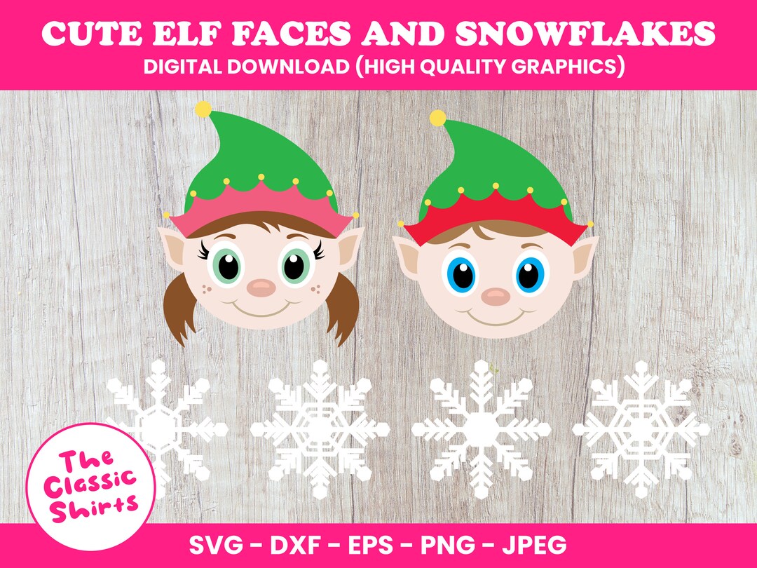 Cute Elf Faces boy/girl and Snowflakes, Elf Faces Svg, Christmas Elf