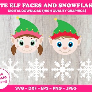 May include: Digital download graphic featuring two cartoon elf faces with green hats and pink trim, and four white snowflakes. The text reads "CUTE ELF FACES AND SNOWFLAKES" and "DIGITAL DOWNLOAD (HIGH QUALITY GRAPHICS)". The Classic Shirts logo is also present.