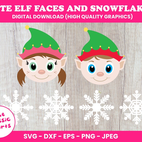 Cute Elf Faces (boy/girl) and Snowflakes, Elf Faces svg, Christmas Elf cricut, Snowflakes Cricut (High quality vectors)