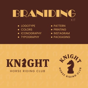 Könnte beinhalten: Branding-Kit für einen Reitverein namens "Knight" mit einem Logo, das eine Schachfigur eines Ritters zeigt. Das Kit beinhaltet ein Logo, eine Farbpalette, eine Ikonografie, eine Typografie, ein Muster, Druck, Instagram und Verpackungen.