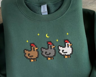 Embroidered Stardew Valley Chicken Sweatshirt • Pixel Art Farmcore Sweater • Cozy Gamer Gift