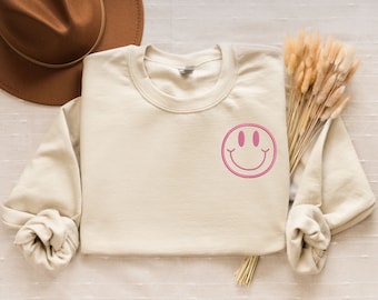 Happy Face Embroidered Sweatshirt, Smile Crewneck, Happy Crewneck, Embroidered Sweatshirt, Embroidered Crew, Custom Sweatshirt