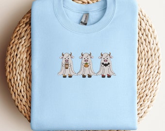 Embroidered Halloween Ghost Cows Sweatshirt - Funny Fall Crewneck