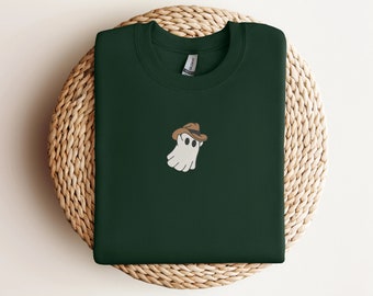 Bluza z haftowanym duchem Halloween, bluza z kapturem z haftowanym duchem kowboja, bluza z kapturem z duchem westernu, bluza z okrągłym dekoltem Halloween, upiorny sezon