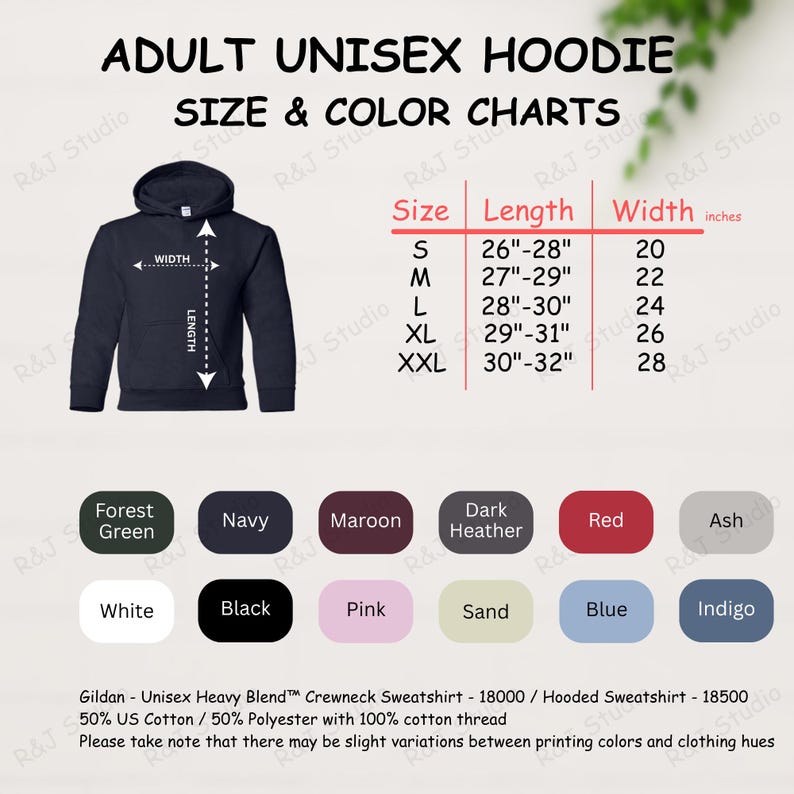 May include: A navy blue adult unisex hoodie with size and colour charts. The chart shows measurements in inches for sizes S to XXL. Available colours include Forest Green, Navy, Maroon, Dark Heather, Red, Ash, White, Black, Pink, Sand, Blue, and Indigo.