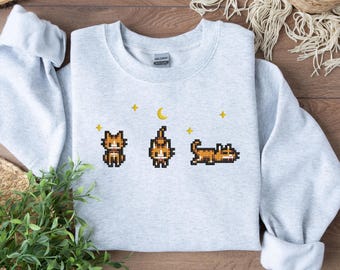 EMBROIDERED Stardew Valley Cat Sweatshirt, Yellow Cat, Perfect Gift for Gamers, Stand out with Gaming-inspired Fashion, Cute Gaming Shirt