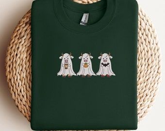 Halloween Ghost Cows Embroidered Sweatshirt, Cow Lovers Sweatshirt, Halloween Crewneck Ghost Shirt, Funny Fall Sweatshirt, Farm LIfe Hoodie