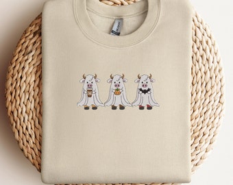 Halloween Ghost Cows Embroidered Sweatshirt, Halloween Crewneck Ghost Shirt, Funny Fall Sweatshirt, Farm LIfe Hoodie, Cow Lovers Sweatshirt