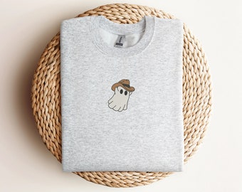 Bluza z haftowanym duchem Halloween, bluza z kapturem z haftowanym duchem kowboja, bluza z kapturem z duchem westernu, bluza z okrągłym dekoltem Halloween, upiorny sezon