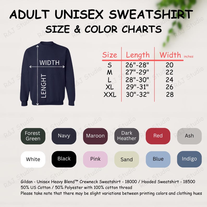 May include: Navy blue adult unisex sweatshirt with size and colour charts. The chart shows sizes S to XXL with length measurements from 66cm to 81cm and width measurements from 51cm to 71cm. Colour options include Forest Green, Navy, Maroon, and more.