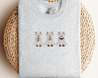 Halloween Ghost Cows Embroidered Sweatshirt, Cow Lovers Sweatshirt, Halloween Crewneck Ghost Shirt, Funny Fall Sweatshirt, Farm LIfe Hoodie