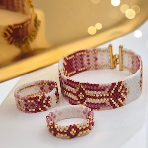 PDF patterns, Peyote odd count bracelet, two rings pattern PDF design, Seed Bead Miyuki Delica Geometric Gold Red Pink White - Red Arrows
