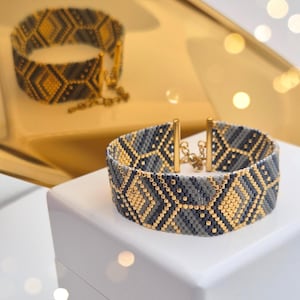 Modèle PDF de bracelet peyotl, nombre impair, or gris noir élégant, grille de bracelets Miyuki, modèle de bijoux en perles - lueur de minuit