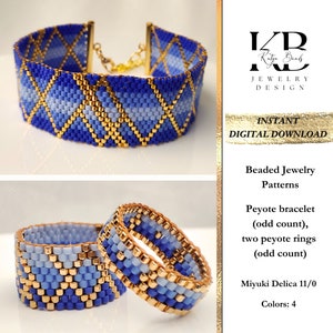 Odd count Peyote Miyuki Delica Bead Elegant Blue Gold Bracelet and Two Rings Patterns - Gold in the Ocean