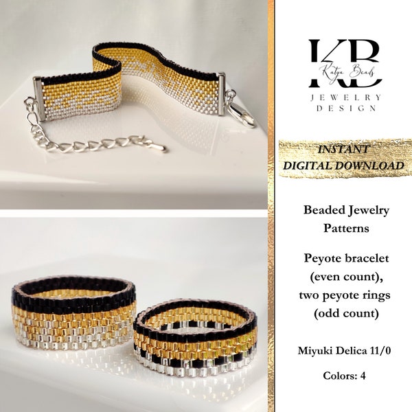 Peyote Even count Miyuki Delica Seed Beads Gold Silver Black Bracelet Pattern, Two Peyote Miyuki Rings Patterns - Sparkling Nigth