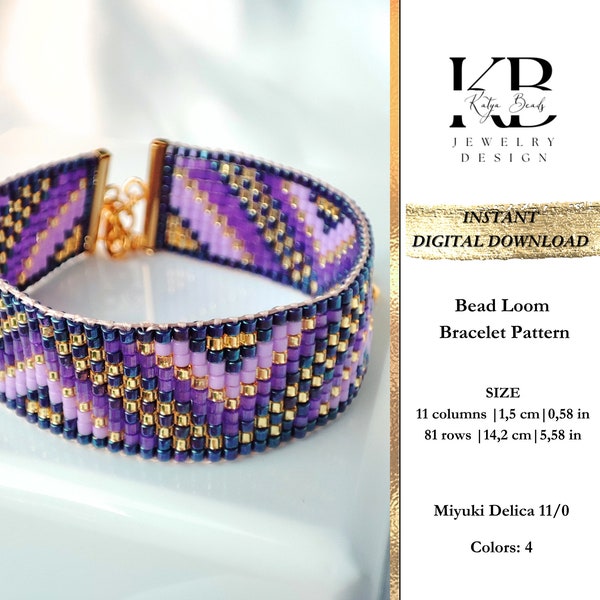 Loom Bracelet Pattern, Miyuki Delica Seed Bead Purple Gold Geometric PDF Loom Thin Elegant Bracelet Pattern - Purple Serenity