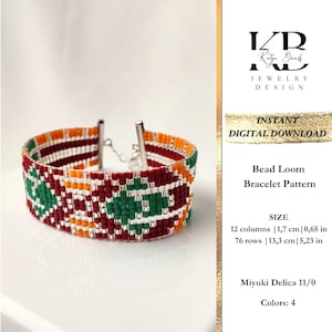 May include: A colourful beaded bracelet with a geometric design in red, green, orange, and white. The bracelet is 1.7 cm wide and 13.3 cm long. The image includes text that says "Instant Digital Download" and "Bead Loom Bracelet Pattern."