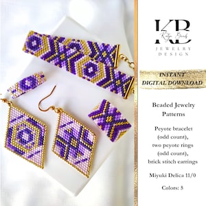 Peut inclure: Un ensemble de modèles de bijoux en perles comprenant un bracelet en point de peyote, deux anneaux en point de peyote et des boucles d'oreilles en point de brique. Les motifs sont réalisés avec des perles Miyuki Delica 11/0 en cinq couleurs : violet, rose, blanc, or et noir. TÉLÉCHARGEMENT NUMÉRIQUE INSTANTANÉ.