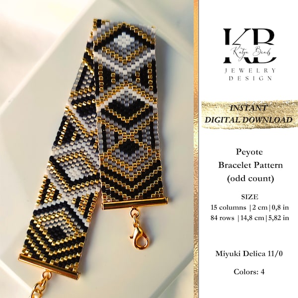 Peyote odd count bracelet  pattern PDF, Seed Bead Miyuki Delica Geometric Gold Black White Modern Bracelet Design - Golden Kaleidoscope