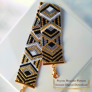 PDF Häkelanleitung Peyote ungerades Armband, Rocailles Miyuki Delica Geometric Gold Schwarz Weiß Modernes Armband-Design Goldenes Kaleidoskop