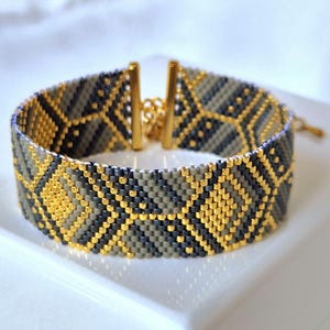 PDF pattern peyote bracelet, odd count, Gold Grey Black Elegant, Miyuki bracelet chart, Beaded Jewelry pattern - Midnight Gleam