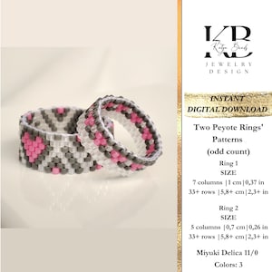 May include: Two beaded rings with gray, white, and pink patterns. The rings are made with Miyuki Delica beads. The image includes text that says "Two Peyote Rings' Patterns" and "Instant Digital Download".