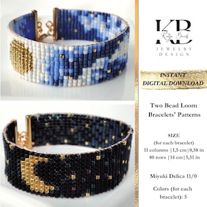 Two Loom Bracelets Patterns, Miyuki Delica Bead Loom Sun Moon Stars Clouds Night Day Black Blue Bracelets Patterns - Sun and Moon
