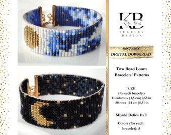 Puede incluir: Dos patrones de pulseras de telar de cuentas con un diseño de cielo estrellado azul y blanco y un diseño de noche estrellada negro y dorado. Los patrones son para usar con cuentas Miyuki Delica 11/0 y requieren 5 colores cada uno. DESCARGA DIGITAL INSTANTÁNEA.