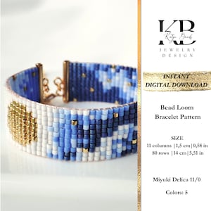 May include: A bead loom bracelet pattern featuring a blue and white design with gold accents. The pattern is for a bracelet that is 1.5 cm wide and 14 cm long. The pattern is made with Miyuki Delica 11/0 beads and uses 5 colours.