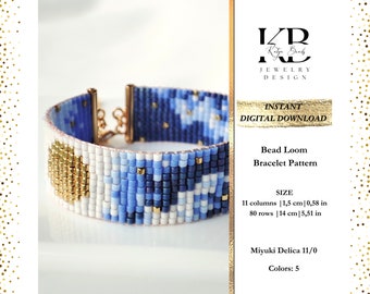 May include: A bead loom bracelet pattern featuring a blue and white design with gold accents. The pattern is for a bracelet that is 1.5 inches wide and 5.51 inches long. The pattern is made with Miyuki Delica 11/0 beads and uses 5 colors.