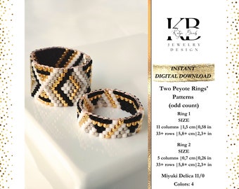 Two peyote bead ring patterns (odd count), Miyuki Delica ring beading chart, Thin Wide Ring, Geometric Jewelry pattern - Golden Kaleidoscope