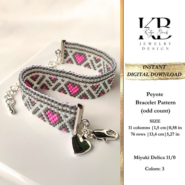 Peyote bead bracelet pattern (odd count), Miyuki delica thin narrow easy bracelet, Valentine's day gift for her - Hearts