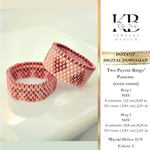 Könnte beinhalten: Zwei Perlenringe in einem rosafarbenen und roségoldenen Farbschema. Die Ringe sind aus Miyuki Delica 11/0 Perlen gefertigt und haben einen Durchmesser von etwa 1,1 cm und 0,8 cm. Die Ringe werden auf einer weißen Oberfläche gezeigt. Das Bild enthält den Text "Two Peyote Rings' Patterns (even count)"