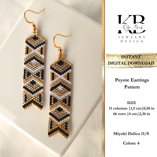 Peyote bead earrings pattern (odd count), Miyuki Delica Gold Black White Geometric earrings beading chart - Golden Kaleidoscope