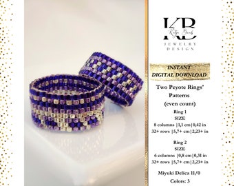 Dos patrones de anillos con cuentas peyote (número par), Patrón PDF de anillo ancho con cuentas Miyuki Delica plateadas y moradas de peyote (número par) - Flechas moradas