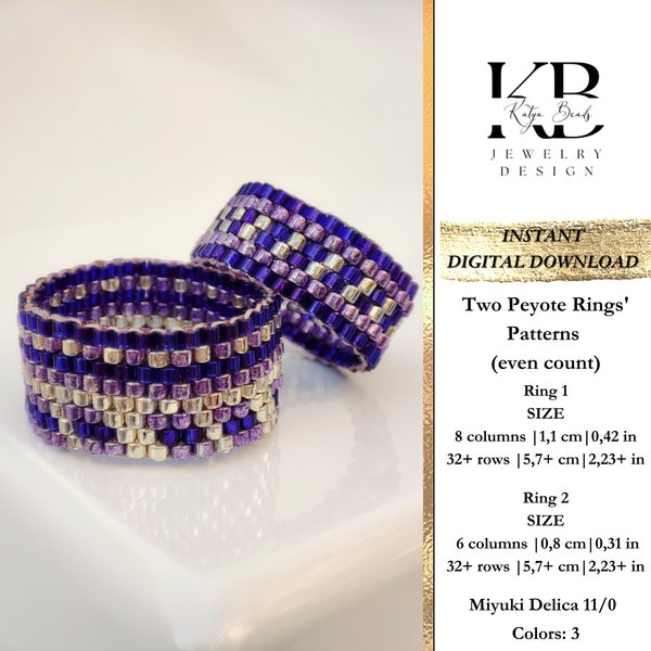 Two peyote bead ring patterns (even count), Wide Miyuki Delica Seed Bead Silver Purple Peyote Even Count Ring PDF Pattern - Purple Arrows