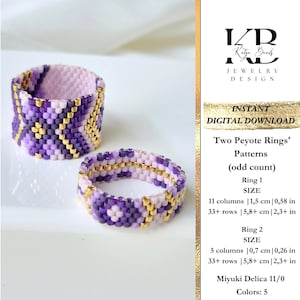 Puede incluir: Dos patrones de anillos de punto peyote para hacer abalorios. Los anillos están hechos con cuentas moradas y rosadas con detalles dorados. El anillo más grande mide 1,5 cm de diámetro y el más pequeño mide 0,7 cm de diámetro. Los patrones son para un número impar de cuentas y utilizan cuentas Miyuki Delica 11/0 en 5 colores.
