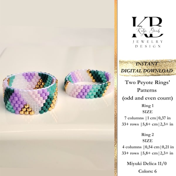 Two peyote bead ring patterns (odd and even count), Miyuki ring beading chart, Thin Wide Ring, Geometric Jewelry pattern - Spring Vibes