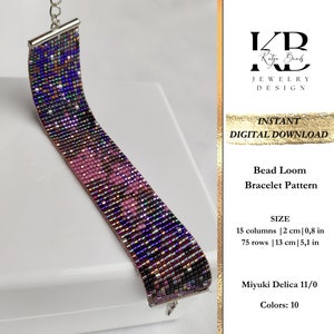 May include: A bead loom bracelet pattern featuring a pink, purple, and black color scheme. The pattern is for a bracelet that is 2 inches wide and 5.1 inches long. The pattern is made with Miyuki Delica 11/0 beads and uses 10 colors.