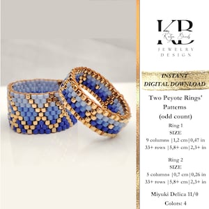 Two peyote bead ring patterns (odd count), Miyuki ring beading chart, Thin Wide Ring, Elegant beaded Jewelry pattern - Gold in the Ocean