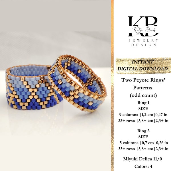 Two peyote bead ring patterns (odd count), Miyuki ring beading chart, Thin Wide Ring, Elegant beaded Jewelry pattern - Gold in the Ocean