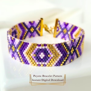 May include: A beaded peyote bracelet in shades of purple, lavender, and gold. The bracelet features a geometric pattern and a gold-colored clasp. The text "Peyote Bracelet Pattern Instant Digital Download" is visible.