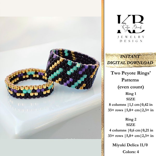 Two peyote bead ring patterns (even count) PDF, Miyuki Delica ring beading chart, Thin Wide Black Gold Purple Light Green Ring - Night Rain