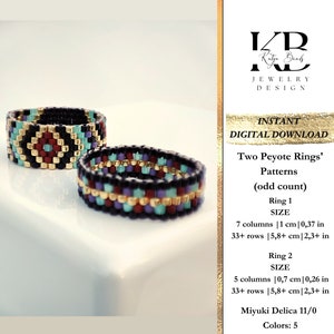 Two peyote bead ring patterns (odd count), Miyuki ring beading chart, Thin Wide Ring, Elegant beaded Jewelry pattern - Treasure of the Night