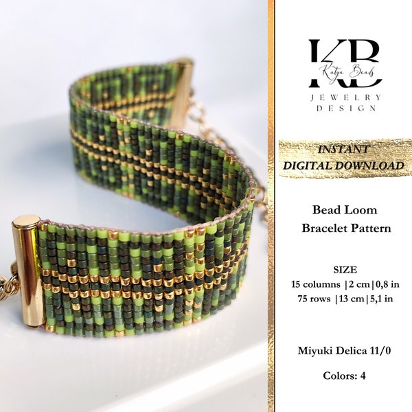 Loom Miyuki Bracelet Digital PDF Pattern, Emerald Green Gold Easy Geometric Miyuki Delica Bead Loom Bracelet Pattern - Vintage Luxury