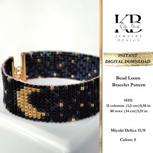 May include: A bead loom bracelet pattern featuring a crescent moon design with gold and black beads. The pattern is for a bracelet that is 1.5 inches wide and 5.5 inches long. The pattern requires 5 colors of Miyuki Delica 11/0 beads.