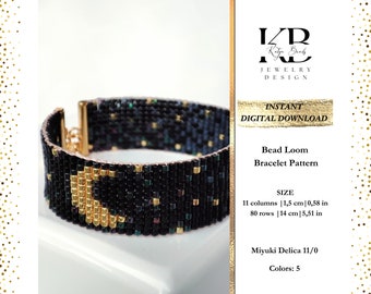 May include: A bead loom bracelet pattern featuring a crescent moon design with gold and black beads. The pattern is for a bracelet that is 1.5 inches wide and 5.5 inches long. The pattern requires 5 colors of Miyuki Delica 11/0 beads.